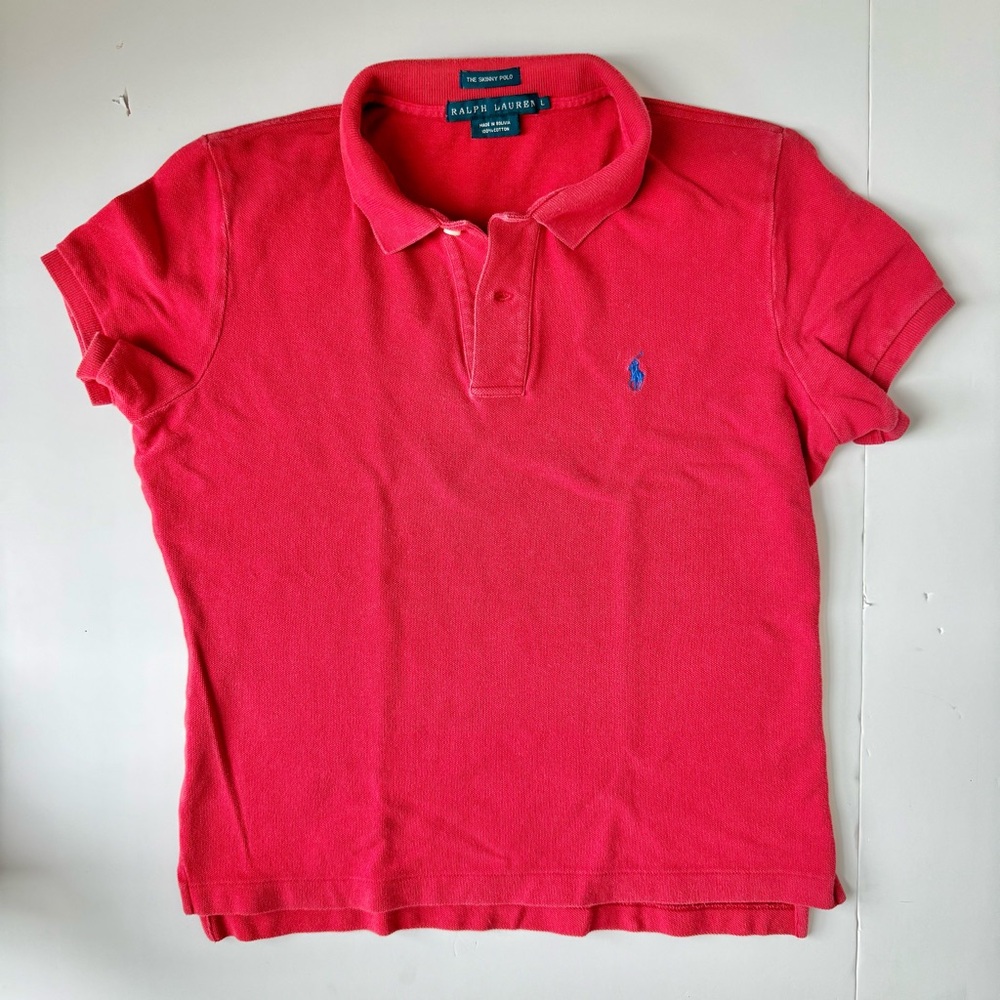 Polo Ralph Lauren Red Skinny Fit Polo Shirt L Blue Pony Cotton - Picture 2 of 4
